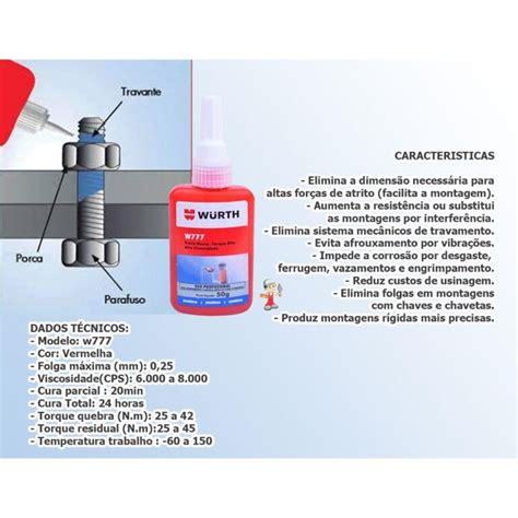 Adesivo Anaeróbico Trava Rosca Torque Alto Wurth W777 50g Hidrochagas