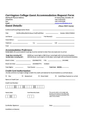 Fillable Online Otago Ac Carrington College Guest Accommodation Request