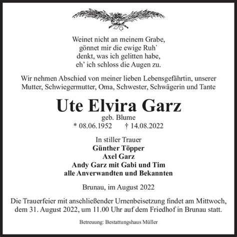 Traueranzeigen Von Ute Elvira Garz Geb Blume Abschied Nehmen De