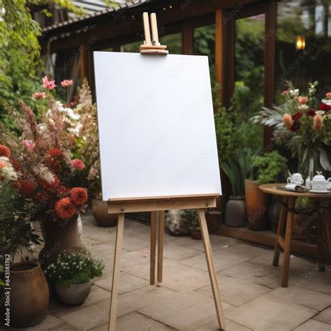 Zdjęcie Stock White Board canvas on wood easel in the garden welcome