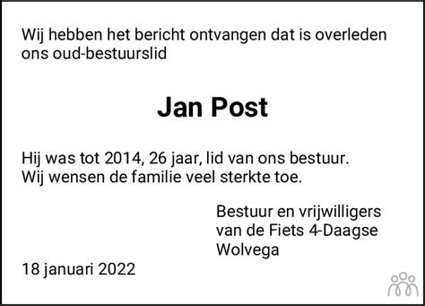 Jan Post 18-01-2022 overlijdensbericht en condoleances - Mensenlinq.nl