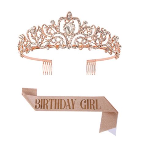 Birthday Queen Sash Rhinestone Tiara Set Rose Gold Bridal Crown