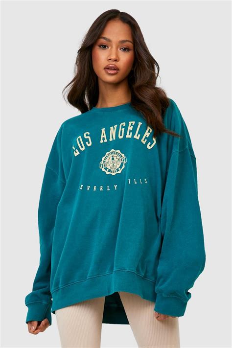 Womens Overdyed Los Angeles Slogan Oversized Sweater Boohoo Uk