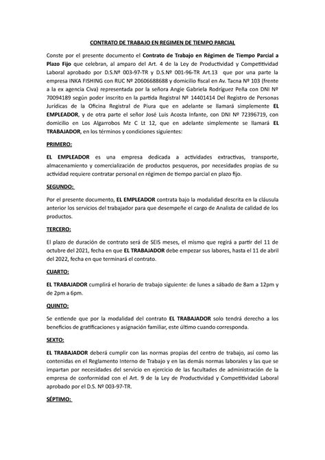 Modelo DE Contrato DE Trabajo EN Regimen DE Tiempo Parcial CONTRATO