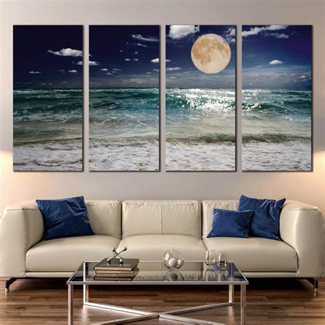 4 Panel Wall Art Ocean Wave Moon Evening Canvas Print Beach Sand Waves ...