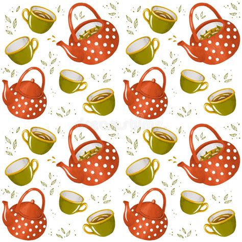 Seamless Wallpaper Background With Hand Drawn Cups Teapots And Stock