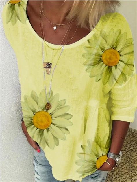 Casual Sunflower Printed Round Neck Blouse Floral Cotton Shirt Linen