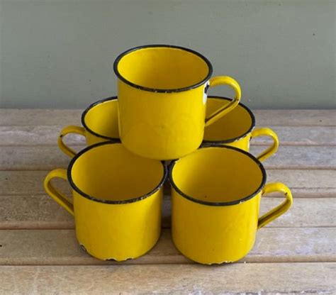 Set Of Five Vintage Yellow Enamel Coffee Cups Etsy