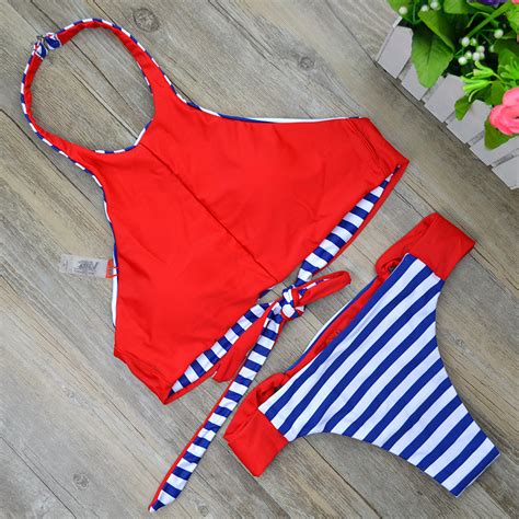2016 New Retro Halter Swimsuit Reversible Bikini Bandage Swimwear Cut Out Swimsuit Brazilian