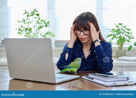 Tired Sad Mature Woman At Workplace At Table With Computer Laptop Stock