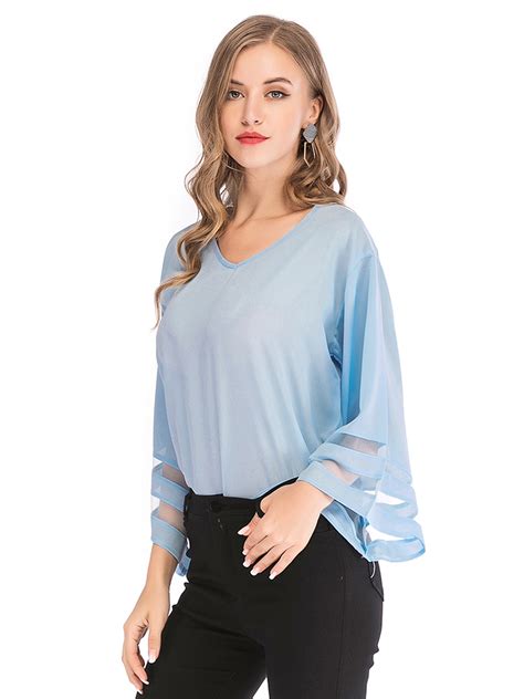 Lelinta Womens Plus Size Chiffon Top V Neck 3 4 Bell Sleeve Blouse Lace