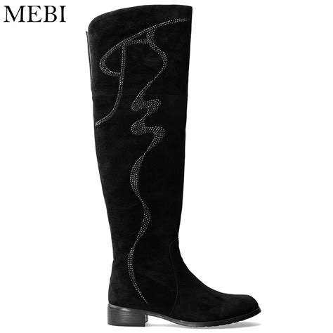 Mebi Fretwork Knee High Boots Autumn Women Square Heel Boots Natural