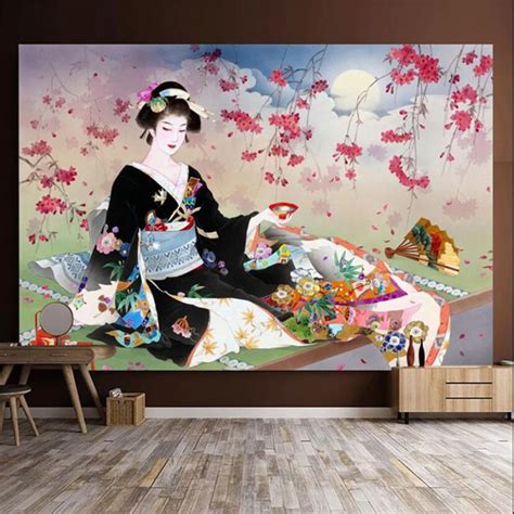 Japanese Geisha Wall Mural Wallpaper 3d Cherry Blossom