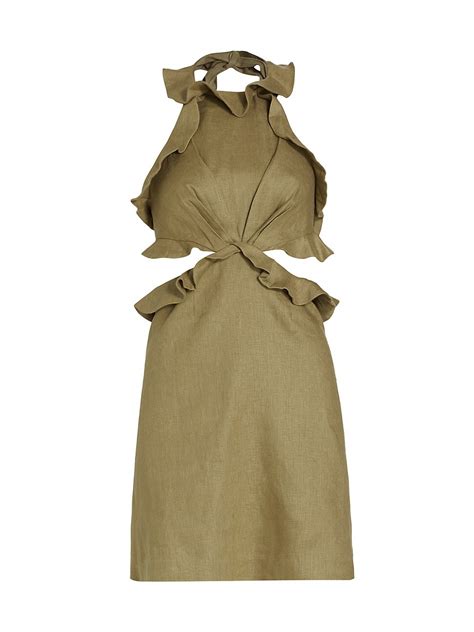 Buy Zimmermann Postcard Linen Ruffle Tie Back Minidress Khaki At 62