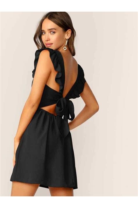 Secret Passion Lingerie Siyah Krep Kumaş Sırt Dekolteli Mini Elbise Abiye Elbise Mezuniyet