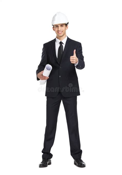 Engineer In Helmet Hands Blueprint And Thumbs Up Stock Image Image Of