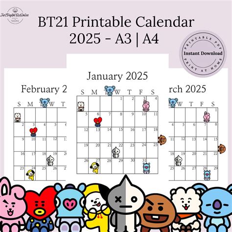 2025 BT21 Printable Calendar BTS Calendar Monthly Calendar A4 A3