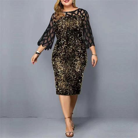 Kaufe Party Kleid Plus Size Damen Midi Pailletten Mesh Langarm Spitze