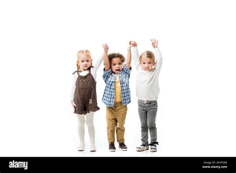 Cute Multicultural Children Holding Hands Together Isolated On White