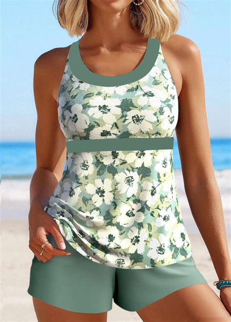 Circular Ring Floral Print Sage Green Tankini Set Usd 36 98