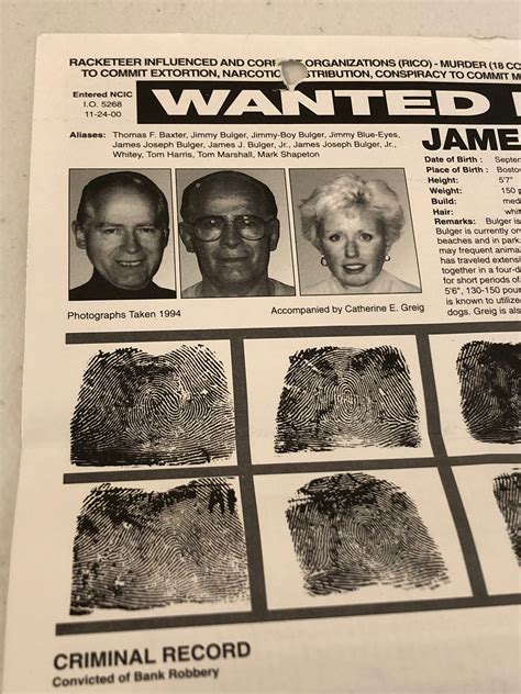 Genuine James whitey Bulger Wanted FBI Poster - Etsy