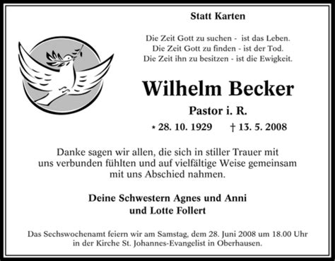 Traueranzeigen Von Wilhelm Becker Trauer In NRW De