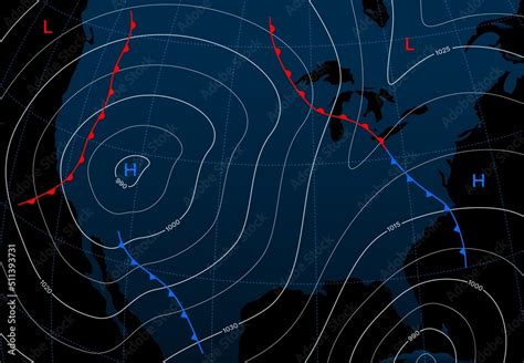 Vecteur Stock Forecast Weather Isobar Map Meteorology Wind Front