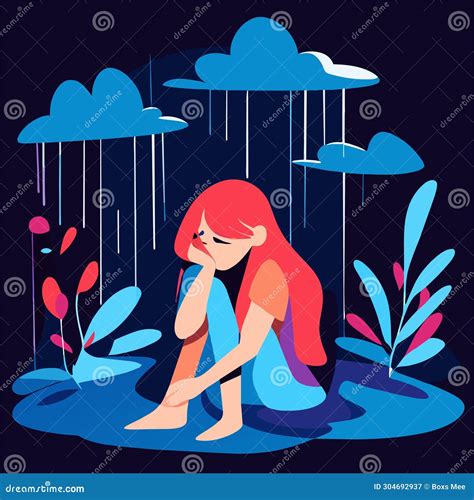 Sad Girl Sitting in the Rain. Vector Illustration in a Flat Style ...