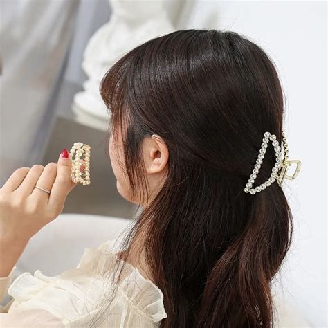 1pc Geometric Pearl Hair Clip Crab Claw For Women Girls Hollw Full