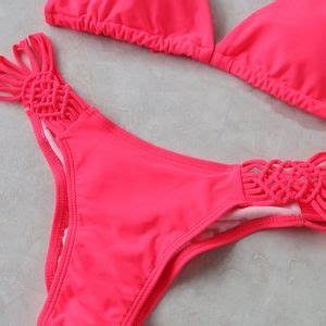 Mbm Unlimited Swim Neon Red Pink Macrame Triangle Bikini Set Poshmark