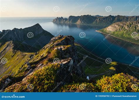 Beautiful Landscape at Evening Sunset on Top of Husfjellet Mountain Peak in Senja Island in ...