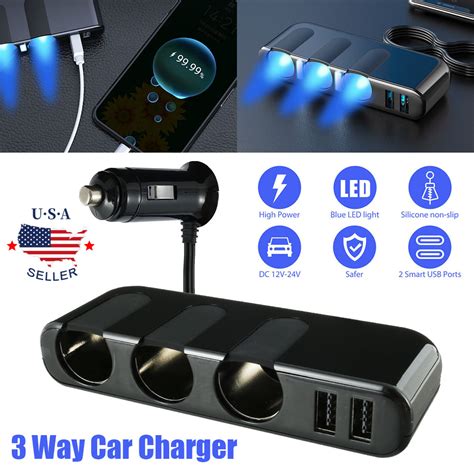 3 Way Car Charge Adapter Vehicle Cigarettes Lighter Smart Charger Multi