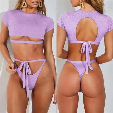 Factory Price Crop Top Short Sleeve Bikini Set Thong Bikini High Cut