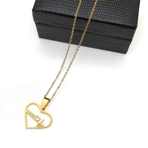 Colar Em Aço Inoxidável Dourado Feminino Pingente Coração E Batimentos Love