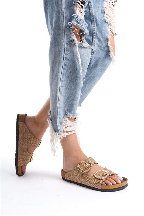 UĞURÖKÇE Kadın NUDE HASIR Gold Toka Çift Bantlı Ayarlanabilir Tokalı Günlük Terlik Fiyatı