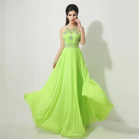 New Arrival Beaded Halter Lime Green Prom Dresses Long Chiffon Open Back Evening Party Gown In