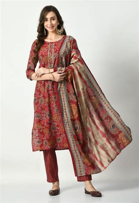 Buy S Majida Red Ethnic Motif Printed Kurta Set For Women With Dupatta