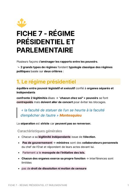 Fiche Rgime Prsidentiel Et Parlementaire Fiche R Gime