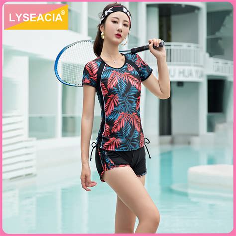 LYSEACIA Summer Beach Sports Swimwear For Women Short Sleeve Two Piece