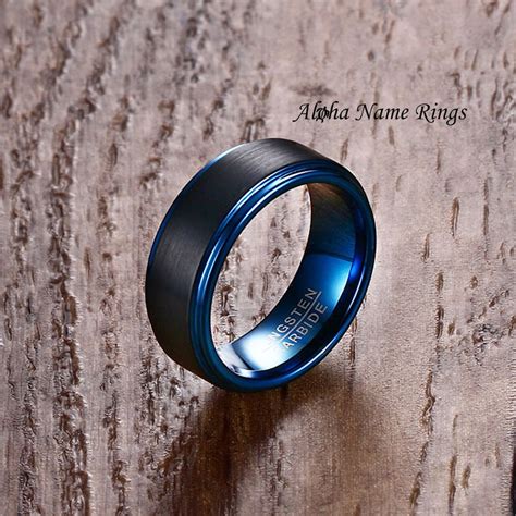 Tungsten Carbide Ring Brushed Black Center Blue Edges Blue Inside Comfort Fit Band Includes