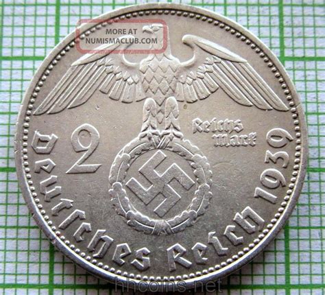 Germany Third Reich 1939 D 2 Reichsmark Hindenburg Swastika Silver