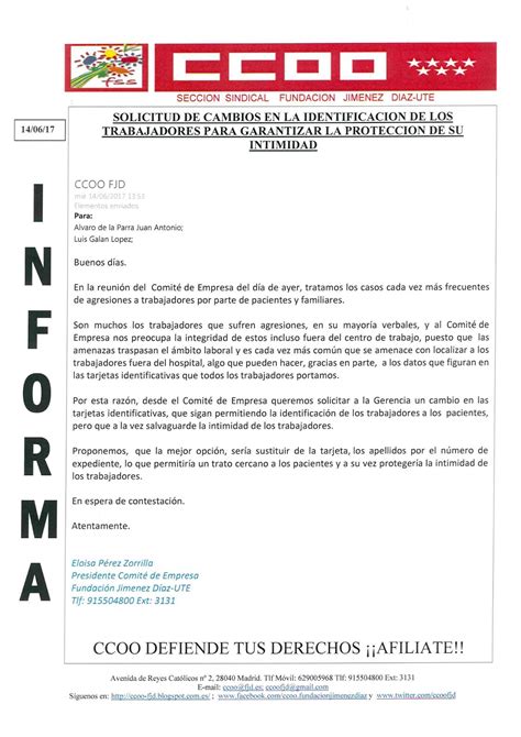 CCOO Fundación Jiménez Díaz Solicitud de proteccion a la intimidad en