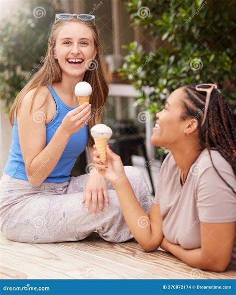 Friends Eating Ice Cream Happy With Dessert Outdoor And Travel With