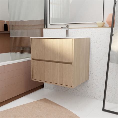 Pack Meuble Salle de Bains 60 cm Chêne Clair 2 tiroirs avec Vasque