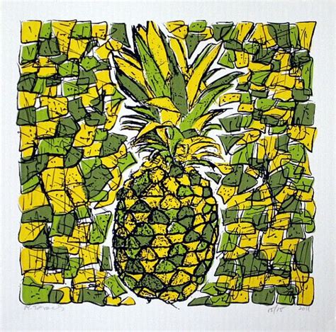 Pineapple Abstract Yellow Hand Printed Art Print 20 00 Via Etsy