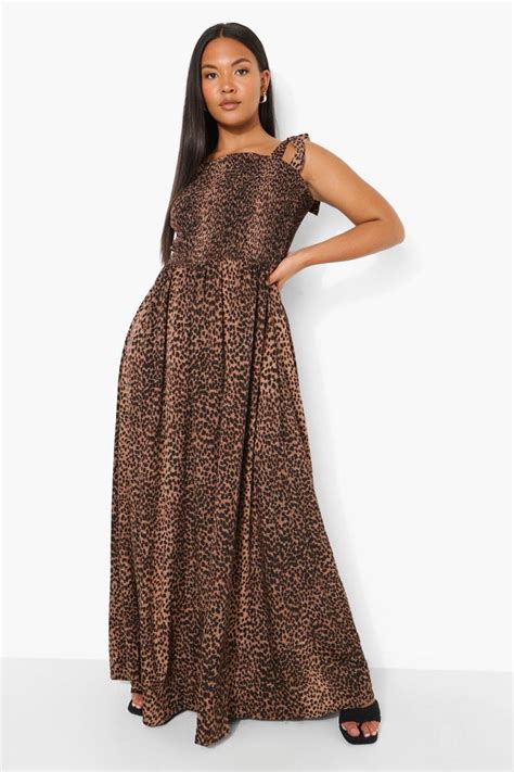 Womens Plus Woven Leopard Shirred Maxi Dress Boohoo Uk