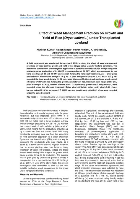 PDF Effect Of Weed Management Practices On Growth And Yield Of Rice