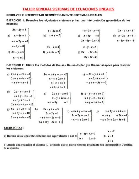 Taller General Sistemas De Ecuaciones Lineales Ejercicios Para Resolver