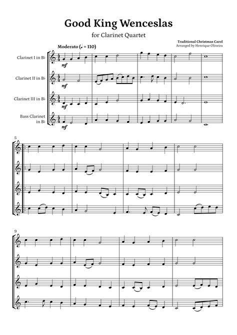 Good King Wenceslas Clarinet Quartet Arr Henrique Oliveira Sheet