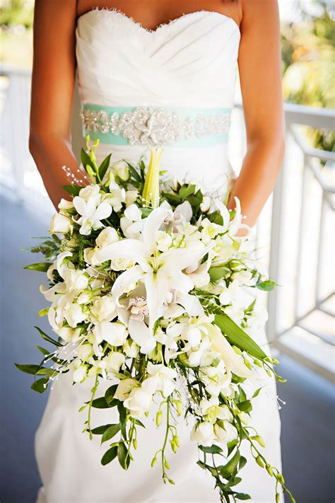 White Lily and Orchid Cascading Bridal Bouquet